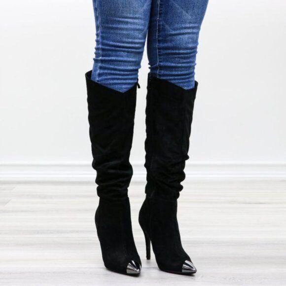 Pointy Toe Below The Knee Black Boots Faux Suede - Picture 3 of 16